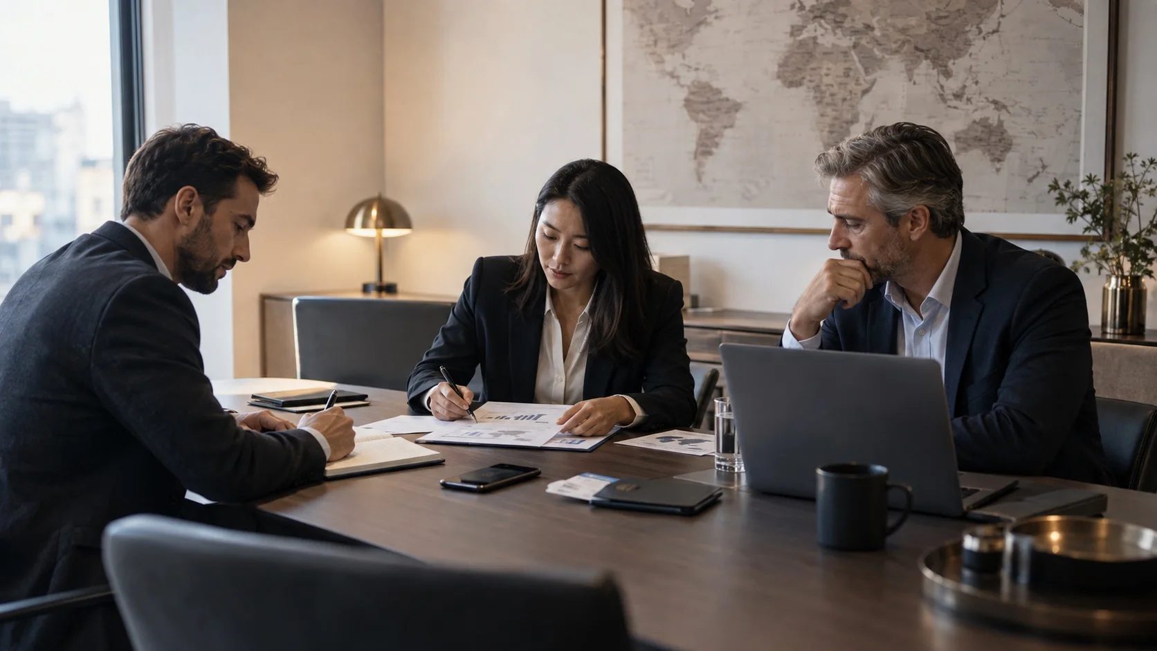 Professionals in a quiet meeting room reviewing business plans